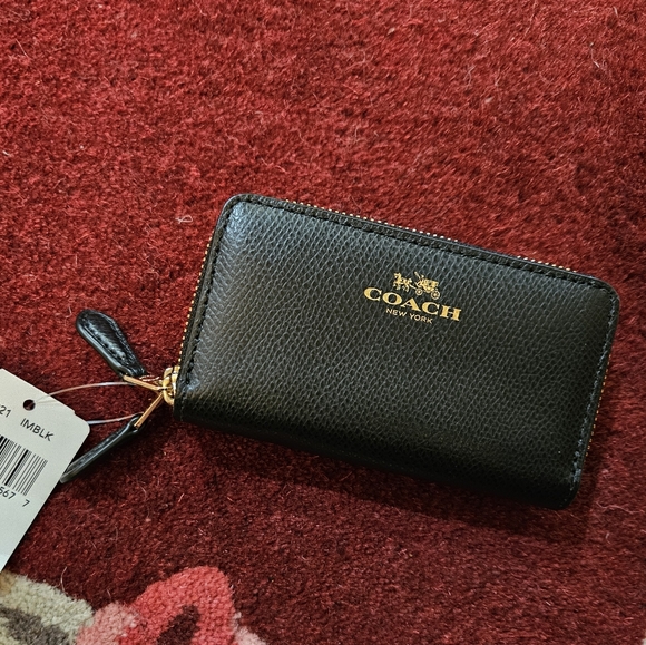 Coach Cross Grain Leather Double Zip Coin Case Black Light Gold Tone Hdwr NWT - Picture 9 of 15